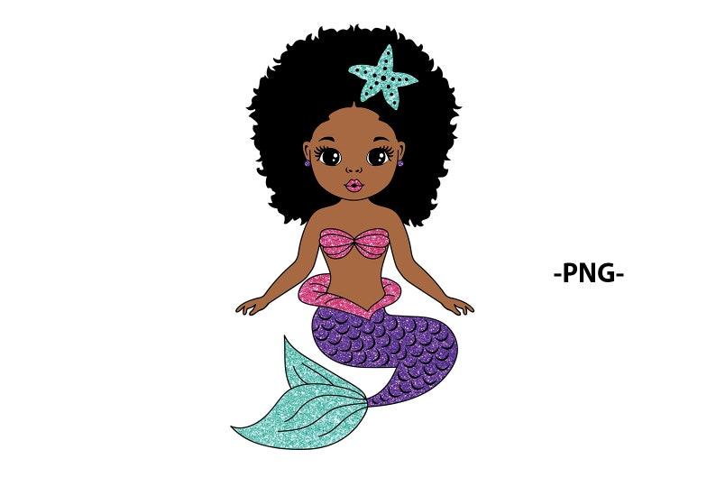 May include: A cartoon illustration of a mermaid with dark brown afro hair, a pink and purple glittery tail, and a blue starfish in her hair.
