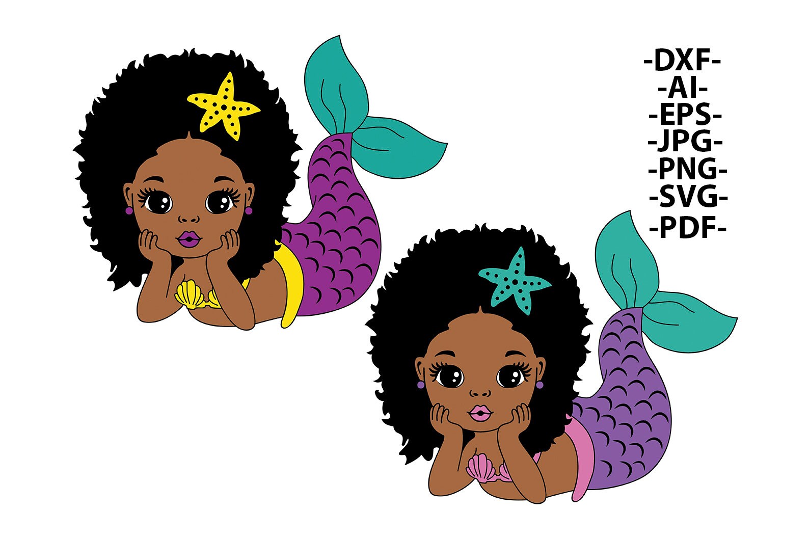 Mermaid Bundle Svg, Afro Girls Svg, Black Mermaid Svg, 5 Glitter PNG, Ocean Girl, Black Woman Clipart, Afro Woman Svg, Glamour Female