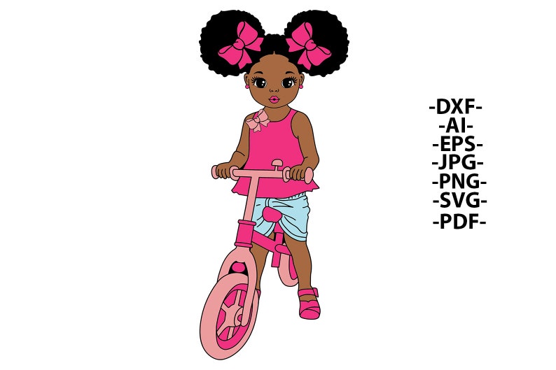 K&ouml;nnte beinhalten: Digitale Illustration eines jungen M&auml;dchens mit dunkler Haut, das ein rosa Laufrad f&auml;hrt. Sie tr&auml;gt ein rosa Oberteil, blaue Shorts und rosa Schuhe. Ihr Haar ist in zwei gro&szlig;en Afro-Puffs mit rosa Schleifen gestylt. Text: -DXF- -AI- -EPS- -JPG- -PNG- -SVG- -PDF-.