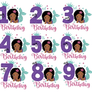Lot de sirènes, 9 modèles d'anniversaires afro, 27 fichiers Png, Svg d'anniversaire de sirène, Svg d'anniversaire de fille, fille noire, Svg de femme afro, fichiers coupe afro