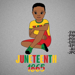 May include: A digital illustration of a young Black boy sitting with his legs crossed, wearing a yellow, green, and red shirt and red shorts. The text "Juneteenth 1865" is written in green, red, and yellow below the boy.