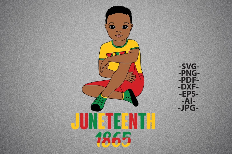 May include: A digital illustration of a young Black boy sitting with his legs crossed, wearing a yellow, green, and red shirt and red shorts. The text "Juneteenth 1865" is written in green, red, and yellow below the boy.