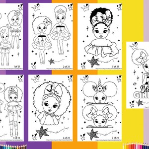 Op de afbeelding: Een set van zeven zwart-wit kleurplaten met illustraties van zwarte meisjes met afro-haar. De illustraties bevatten verschillende outfits, accessoires en poses. De tekst "Black Girl Magic" staat op een van de pagina's.