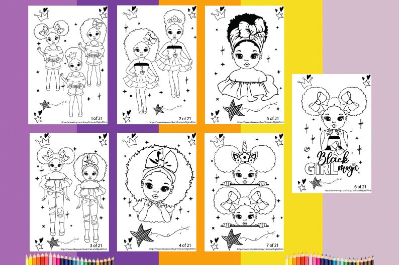 Op de afbeelding: Een set van zeven zwart-wit kleurplaten met illustraties van zwarte meisjes met afro-haar. De illustraties bevatten verschillende outfits, accessoires en poses. De tekst "Black Girl Magic" staat op een van de pagina's.