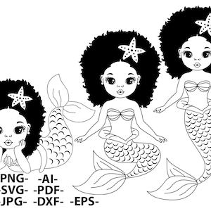 Pacchetto sirena Svg, Sirena Svg, Contorni artistici, Ragazza afro Svg, Sirena nera Svg, Sbuffi per capelli, Clipart donna nera, Donna afro Svg