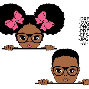Afro Bundle svg, chica negra svg, chico negro svg, niño y niña clipart, gafas de niña svg, peekaboo chica svg, afro niño svg, afroamericano
