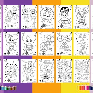 Op de afbeelding: Een set van 21 zwart-wit kleurplaten met illustraties van meisjes met afro-haar. De illustraties tonen verschillende activiteiten en thema's, waaronder mode, lezen en sport. De tekst "Black Girl Magic" staat op een van de pagina's.