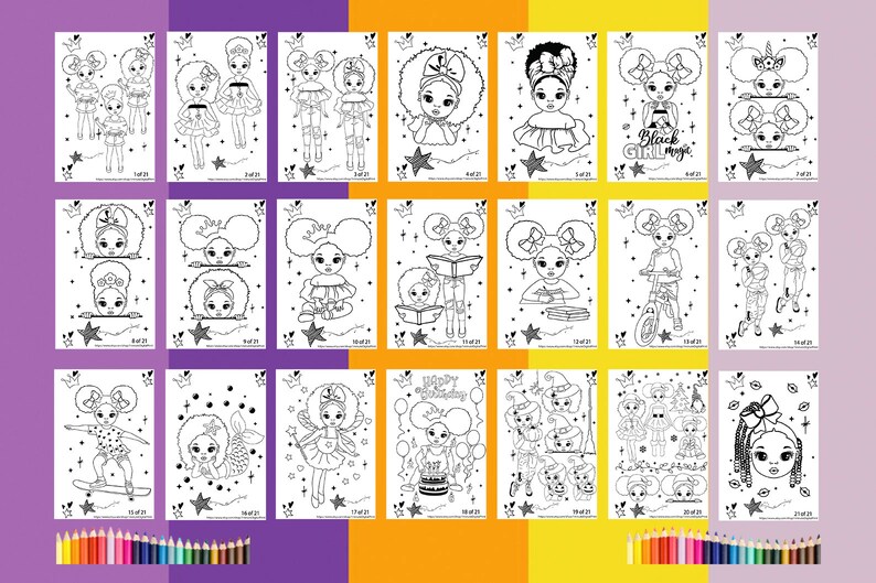 Op de afbeelding: Een set van 21 zwart-wit kleurplaten met illustraties van meisjes met afro-haar. De illustraties tonen verschillende activiteiten en thema's, waaronder mode, lezen en sport. De tekst "Black Girl Magic" staat op een van de pagina's.
