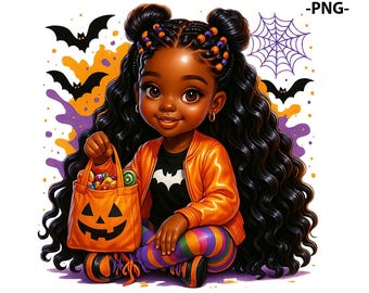 May include: Illustration of a young girl dressed for Halloween, holding a pumpkin-shaped candy bag. She wears an orange jacket, a black shirt with a bat graphic, and striped leggings. Bats and a spiderweb are in the background.