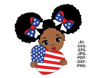 May include: A digital illustration of a Black girl with two afro puffs, each with a red, white, and blue bow. She is holding a heart-shaped American flag.