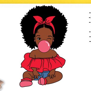 May include: A digital illustration of a dark-skinned child with a large afro hairstyle, wearing a red headband, a red off-the-shoulder top, and blue shorts. The child is blowing a pink bubble with gum and winking. Text includes SVG, PNG, EPS, AI, DXF, PDF, JPG.
