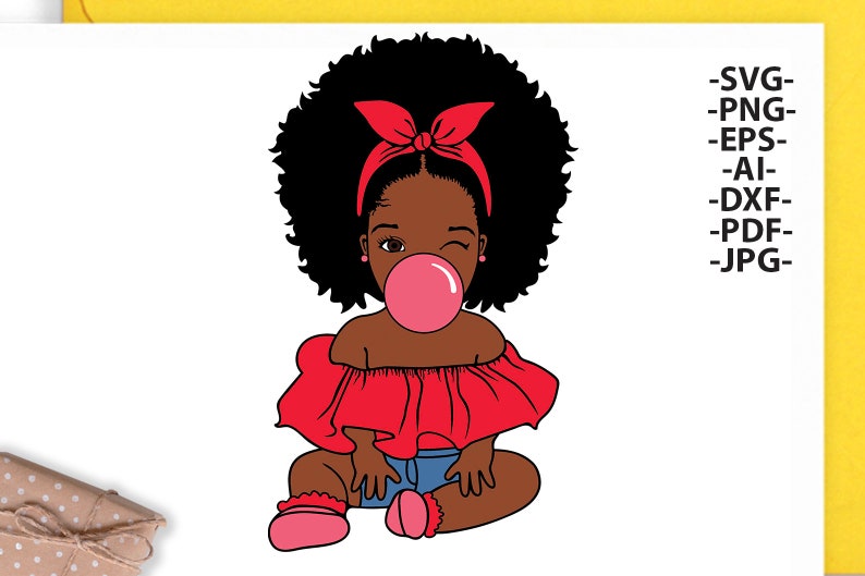 May include: A digital illustration of a dark-skinned child with a large afro hairstyle, wearing a red headband, a red off-the-shoulder top, and blue shorts. The child is blowing a pink bubble with gum and winking. Text includes SVG, PNG, EPS, AI, DXF, PDF, JPG.