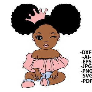 Baby Princess Svg, Afro Girl Svg, Crown Svg, Hair Puffs, Black Woman, Pink Blouse, Little Cute Kid, African American, Svg Cut files