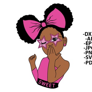 Afro Girl Svg, Sweet Girl Svg, Fashion, Girl Give Kiss, Brille Sterne, Rosa Band, Süßes Kind, Svg Dateien für Cricut