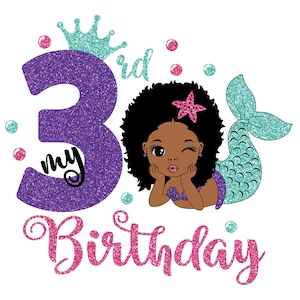 Mein 3. Geburtstag, Afro Meerjungfrau Svg, Meerjungfrau ClipArt, drei Jahre alt, Geburtstag Mädchen Svg, schwarze Frau Clipart, Afro Frau Svg, Glamour weiblich