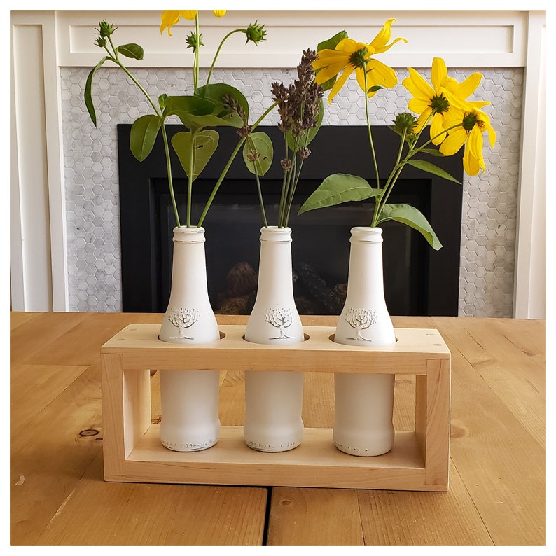 Modern Linear Wood Vase Centerpiece with Painted Bottles image 1