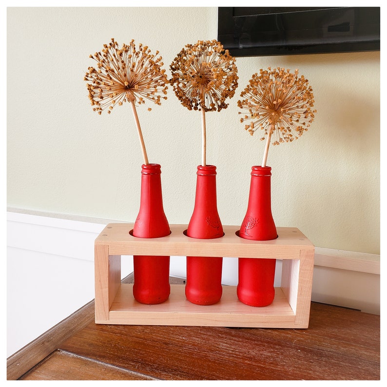 Modern Linear Wood Vase Centerpiece with Painted Bottles image 4