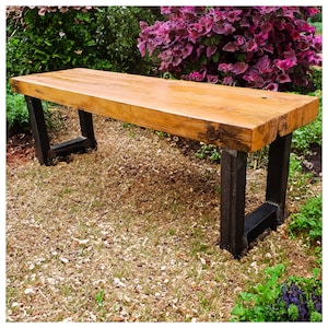 Outdoor Thick Wood Bench with H-Style Metal Legs