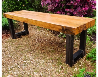 Outdoor Thick Wood Bench with H-Style Metal Legs