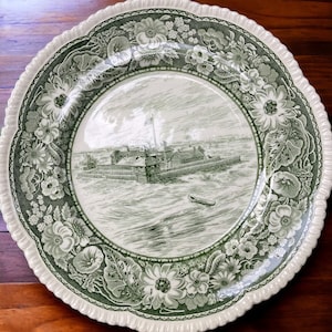 Set of 6 Dinner Plates Depiction Fort Dearborn Chicago, Made Exclusively for Carson Pirie Scott & Co., by Royal Cauldon England 1803-12