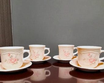 Set of 4 Pfaltzgraff Tea Rose Cups and Saucers, Rose Motif, Vintage Pfaltzgraff Tea Cups, Grandmacore, Made in USA 1980s