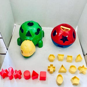Vintage Shape Sorter Toys Set | Tupperware Shape-O Ball w/ Gaytoy Shapey Turtle | Retro Toddler Learning & Fine Motor Skill Educational Toy