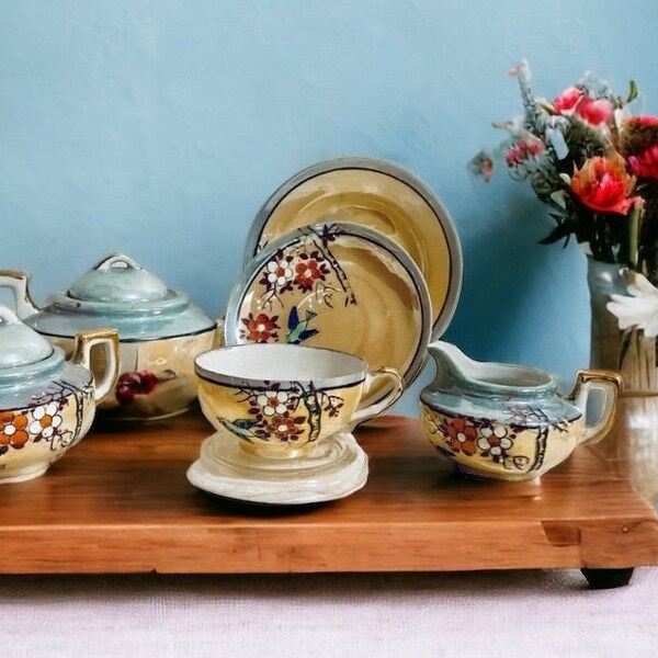 15-Piece Tea Set Demitasse or Girls Japanese Lustreware Timeless Elegance: Authentic Mid Century