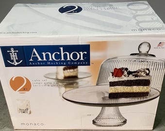 Anchor Hocking Monaco Pattern 3*1 Cake Dome 11", Ribbed Glass Pedestal Cake Plate, Converts to Punch Bowl, Model #86031L6, Made in USA 1990s