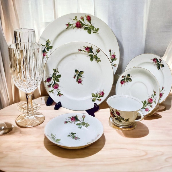 Complete 17  Piece Elegant MCM Moss Rose Dinnerware Set by  Mjta of Japan: Includes Crystal  Glassware Set