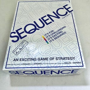 May include: A white rectangular board game box titled SEQUENCE in large blue letters. The box features the text IT'S FUN, IT'S CHALLENGING, IT'S EXCITING, IT'S SEQUENCE, a signature by Bill Barrett, and the phrase AN EXCITING GAME OF STRATEGY.