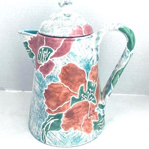 1990s Ceramic/Enamel Coffee Pot | Large 8" Hand-Made Jade Green Teapot w/ Lid |Red  Floral Hibiscus  Coffee Server |  Boho Kitchen Decor