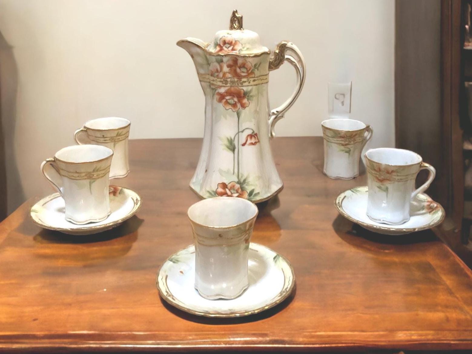 THÉIÈRE ET 6 TASSES ROYAL RUDOLSTADT CHOCOLAT NOËL HOLLY & ROSES - OCCASION