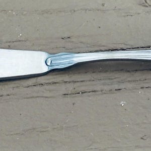 Puede incluir: Un cuchillo de mantequilla plateado con una hoja ancha y plana y un mango decorativo. El mango presenta un diseño floral en relieve. El cuchillo mide aproximadamente 18 cm de largo.