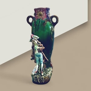 Antique Figural Amphora Vase Green French Majolica,  With Relief Flowers,  18th Century Theme,  Art Nouveau,  Figural Napoleon Figure 9&quot;