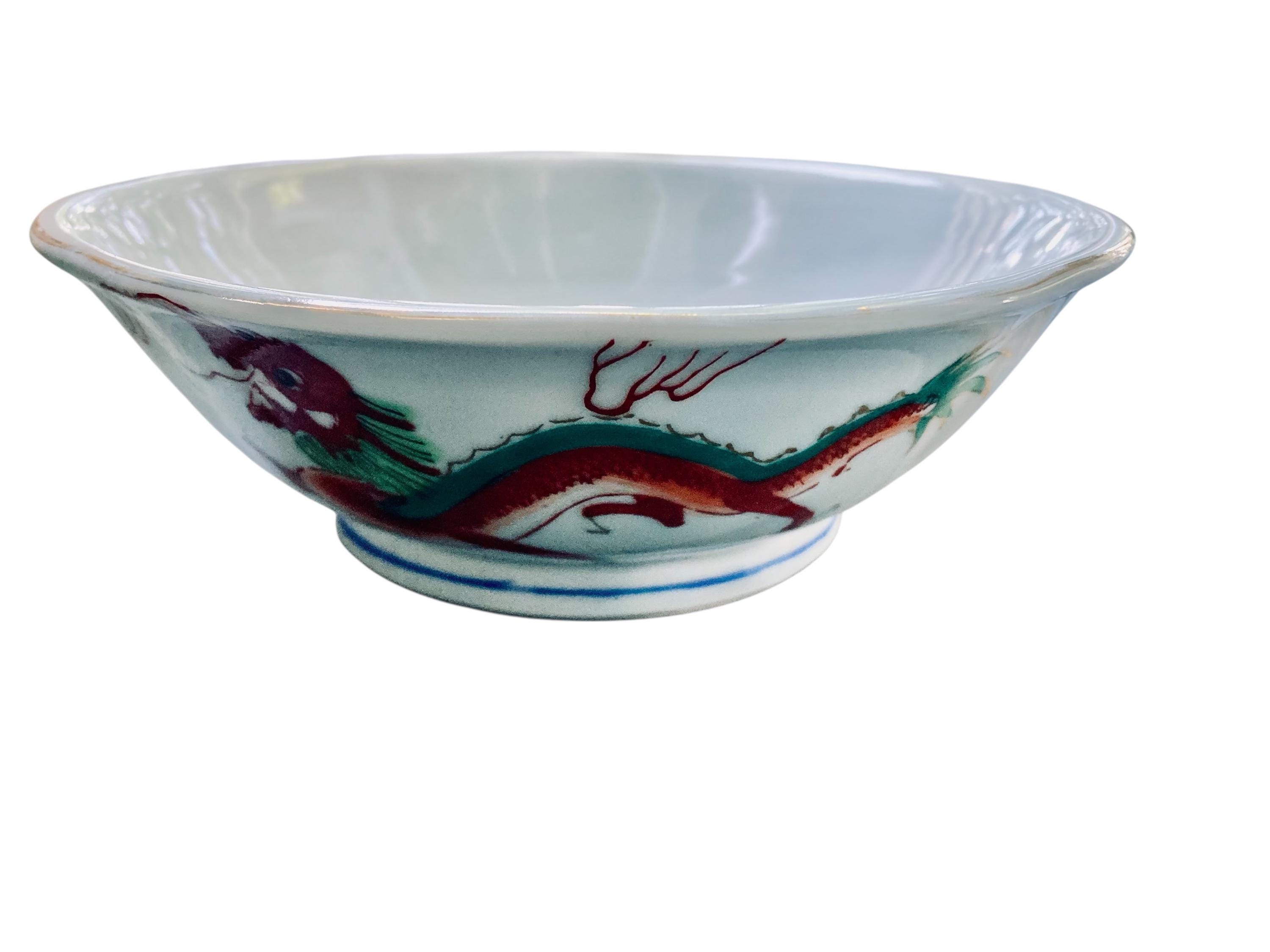 Chinese Famille Rose Porcelain Noodle Bowl, Dragon and Phoenix Motif, Symbolizes Power and Harmony in Chinese Culture, Restaurant Ware 8"