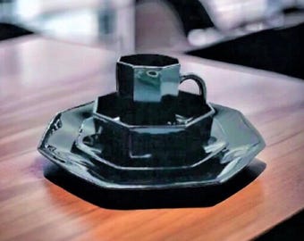 24 Piece Arcoroc France Octime Dinnerware Set Service For 6, Octagon Shaped Blown Black Glass, Smooth Edges Plates, Made in France 1990