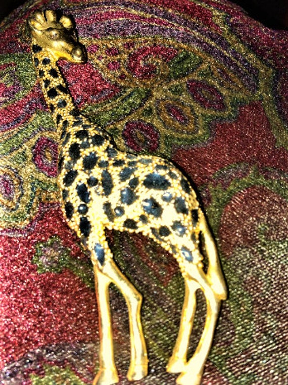 Giraffe Brooch  Gold and  Black Enamel and Black R