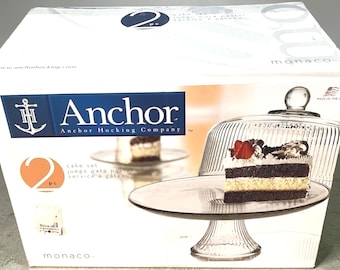 アンカーホッキング モナコ柄 3×1 ケーキドーム 11インチ、リブ付きガラス製台座付きケーキプレート、パンチボウルとしても使用可能、型番：86031L6、1990年代アメリカ製