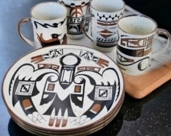 8-Piece Mid-Century Luncheon Set Southwest Hopi Native American Stoneware Pottery