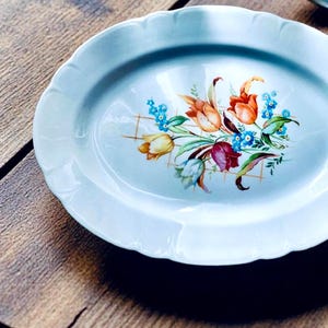 Antique  C. E. Wheelock Pottery Co., White l Platter 13", Tulip Bouquet Design, Gently Scalloped, Embossed Rim, Imported from Germany.