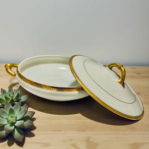 Antique Haviland Limoges "Marquis" Serving Ware  Covered Serving Vegetable Bowl,  Encrusted Gold W/ Diamond Band Made in France  1901-1910