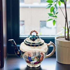 Antique Royal Vienna Style Porcelain Teapot Hand-Painted Victorian Figures Classical Scene Off-White  & Green, Gold Trim,  Made in Austria