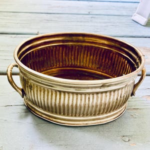 Puede incluir: Una jardinera ovalada de metal con exterior acanalado y dos asas pequeñas. La jardinera tiene un interior dorado y un exterior plateado. El diseño recuerda a la decoración antigua. Ideal para plantas.