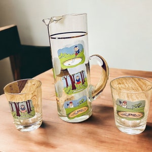 5-Piece Barware Highball Serving Pitcher With 4 Glasses by Carl Ashby 19th Hole Golf Cartoon Mid-Century Barware Perfect Gift For Golfer