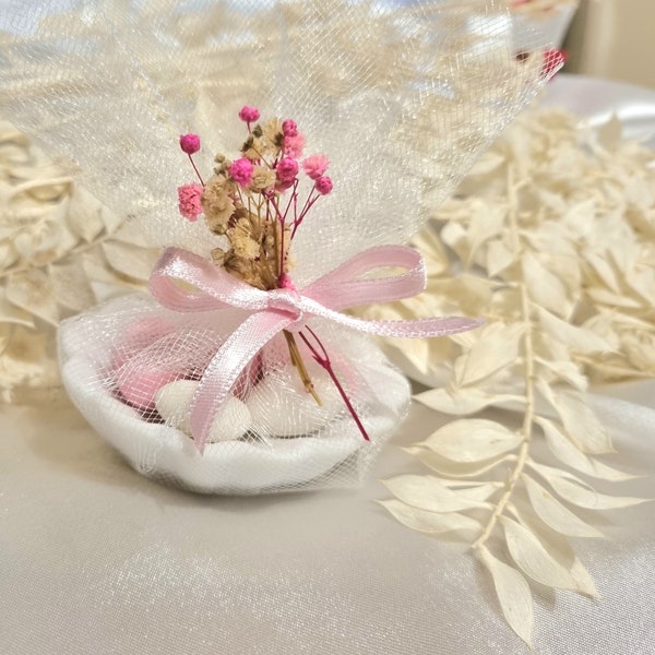 Mandel in Muschelschale  Gastgeschenk Personalisiert - Hochzeit, Standesamt, Trockenblume, Schleierkraut, Taufe, Mevlüt, Geburt