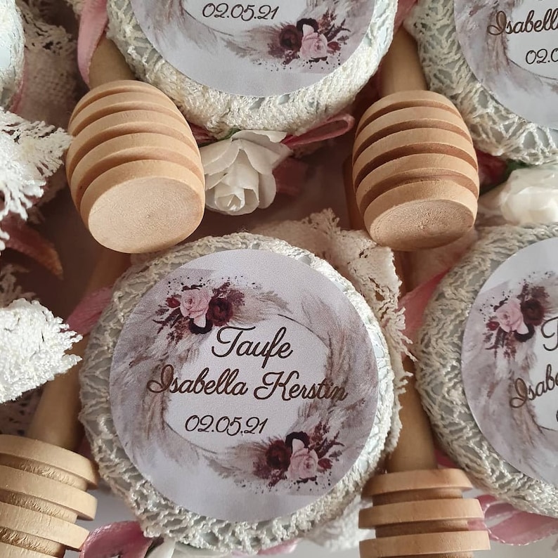 Gastgeschenk,personalisierter Honig 30g mit Honig-Löffel, ideale Geschenk Hochzeit Taufe Geburt Babyshower Kommunion Söz Bild 4