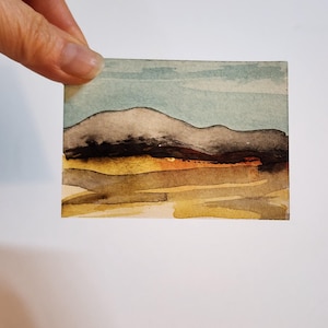 ACEO cards ATC, collectable original mini abstract landscape painting on watercolor paper, acrylic painting, "A2012" Neutral Orange
