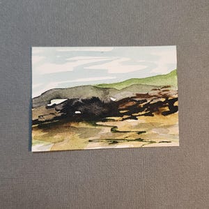 ACEO cards ATC, collectable original mini abstract landscape painting on watercolor paper, acrylic painting, "A2006" Green Hills