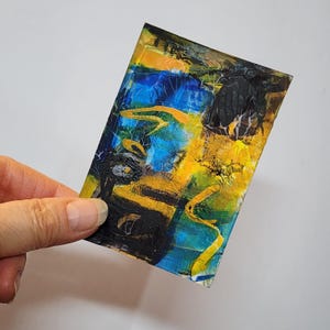 ACEO cards ATC AA302, collectable original mini abstract painting, blue yellow original acrylic painting, Modern Contemporary Art Fun