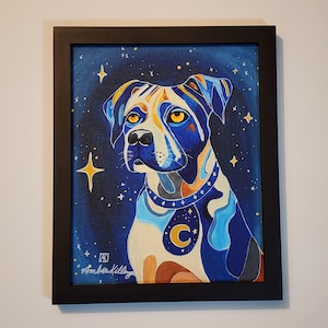 Gerahmtes Original Gemälde, Cosmic Boxer - Whimsical Dog Art 8x10 Blue Dog Love Art